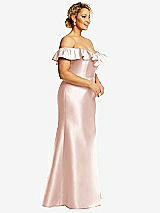 Side View Thumbnail - Blush Off-the-Shoulder Ruffle Neck Satin Trumpet Gown