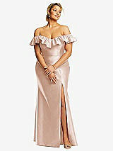 Front View Thumbnail - Cameo Off-the-Shoulder Ruffle Neck Satin Trumpet Gown