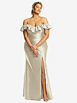 Front View Thumbnail - Champagne Off-the-Shoulder Ruffle Neck Satin Trumpet Gown