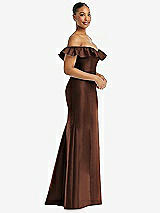 Alt View 4 Thumbnail - Cognac Off-the-Shoulder Ruffle Neck Satin Trumpet Gown