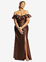 Front View Thumbnail - Cognac Off-the-Shoulder Ruffle Neck Satin Trumpet Gown