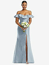 Alt View 2 Thumbnail - Mist Off-the-Shoulder Ruffle Neck Satin Trumpet Gown