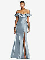 Alt View 3 Thumbnail - Mist Off-the-Shoulder Ruffle Neck Satin Trumpet Gown