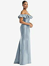 Alt View 4 Thumbnail - Mist Off-the-Shoulder Ruffle Neck Satin Trumpet Gown