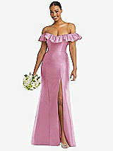 Alt View 1 Thumbnail - Powder Pink Off-the-Shoulder Ruffle Neck Satin Trumpet Gown