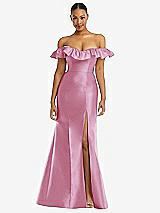 Alt View 3 Thumbnail - Powder Pink Off-the-Shoulder Ruffle Neck Satin Trumpet Gown