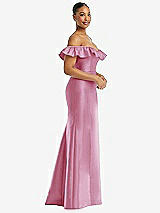 Alt View 4 Thumbnail - Powder Pink Off-the-Shoulder Ruffle Neck Satin Trumpet Gown