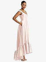 Side View Thumbnail - Blush Cap Sleeve Deep Ruffle Hem Satin High Low Dress with Pockets