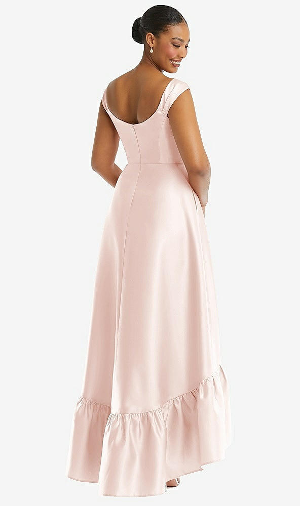 Back View - Blush Cap Sleeve Deep Ruffle Hem Satin High Low Dress with Pockets