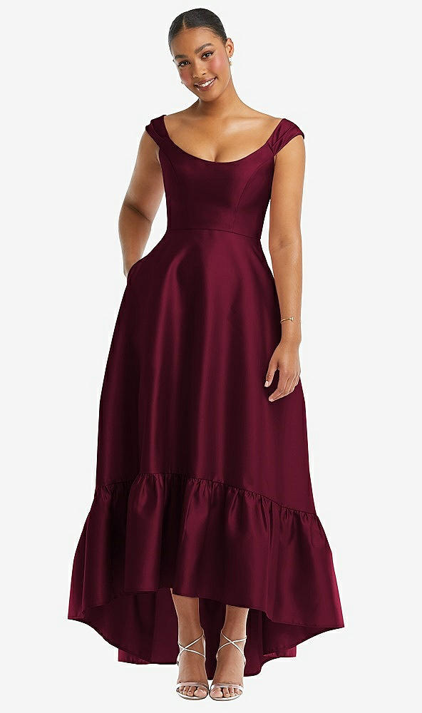 Front View - Cabernet Cap Sleeve Deep Ruffle Hem Satin High Low Dress with Pockets