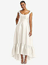 Front View Thumbnail - Ivory Cap Sleeve Deep Ruffle Hem Satin High Low Dress with Pockets