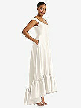 Side View Thumbnail - Ivory Cap Sleeve Deep Ruffle Hem Satin High Low Dress with Pockets