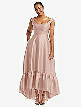 Front View Thumbnail - Toasted Sugar Cap Sleeve Deep Ruffle Hem Satin High Low Dress with Pockets