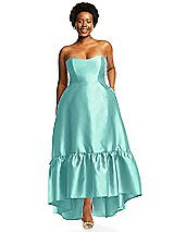 Alt View 1 Thumbnail - Coastal Strapless Deep Ruffle Hem Satin High Low Dress with Pockets