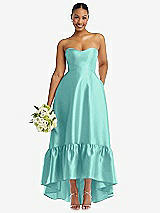 Front View Thumbnail - Coastal Strapless Deep Ruffle Hem Satin High Low Dress with Pockets