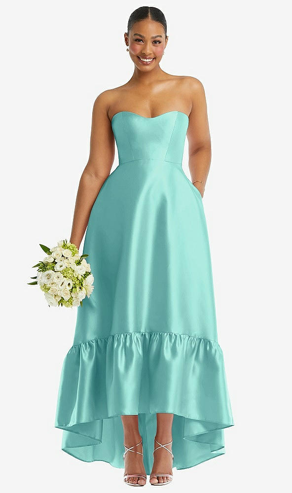 Front View - Coastal Strapless Deep Ruffle Hem Satin High Low Dress with Pockets