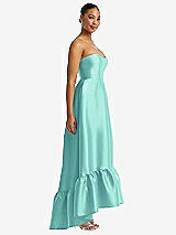 Side View Thumbnail - Coastal Strapless Deep Ruffle Hem Satin High Low Dress with Pockets