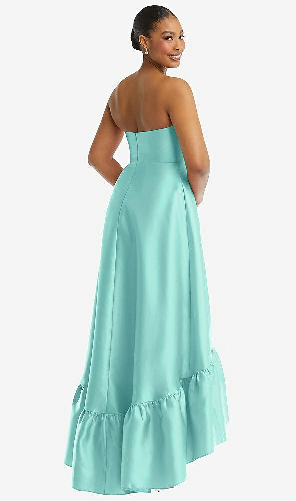 Back View - Coastal Strapless Deep Ruffle Hem Satin High Low Dress with Pockets