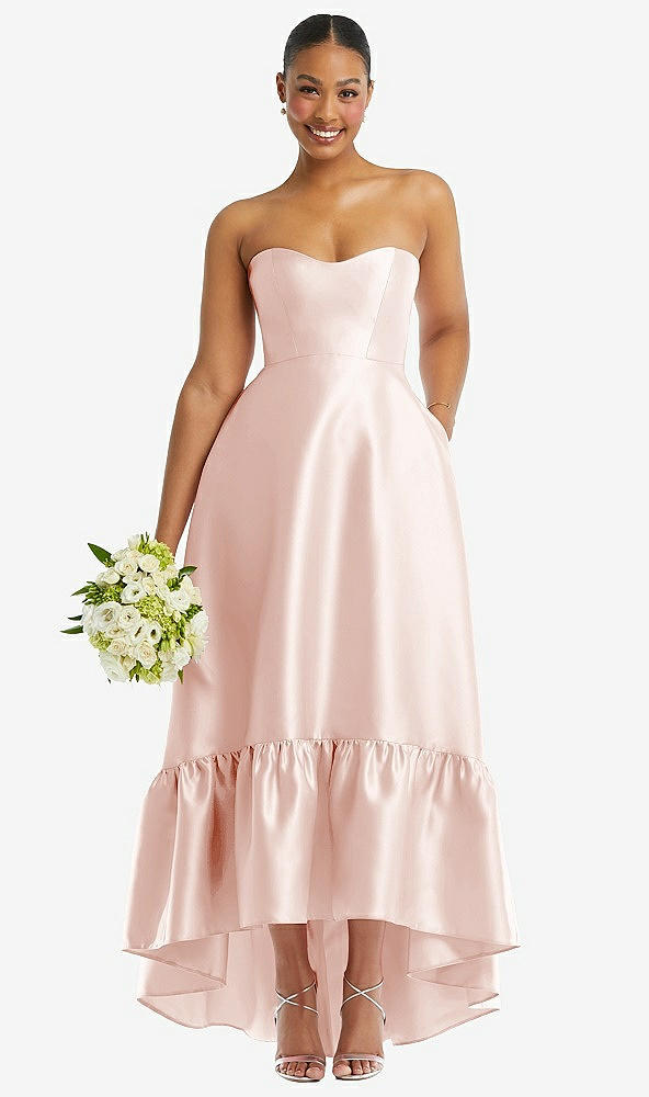 Front View - Blush Strapless Deep Ruffle Hem Satin High Low Dress with Pockets