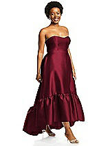 Alt View 2 Thumbnail - Burgundy Strapless Deep Ruffle Hem Satin High Low Dress with Pockets