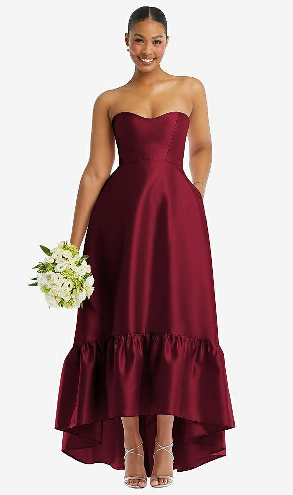 Front View - Burgundy Strapless Deep Ruffle Hem Satin High Low Dress with Pockets