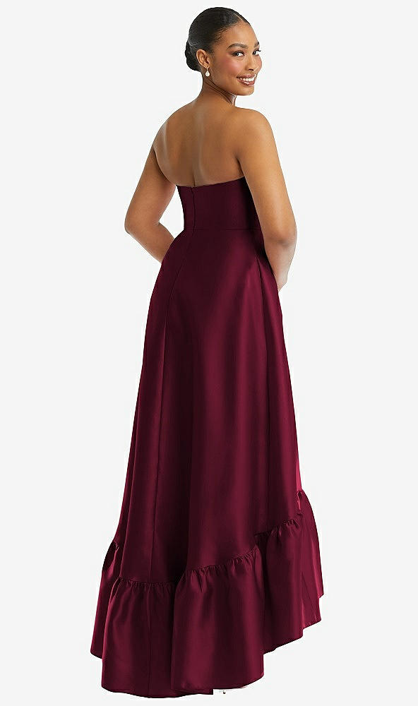 Back View - Cabernet Strapless Deep Ruffle Hem Satin High Low Dress with Pockets