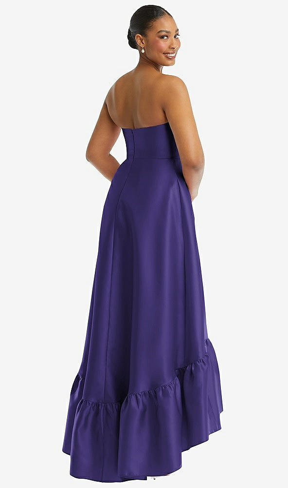 Back View - Grape Strapless Deep Ruffle Hem Satin High Low Dress with Pockets