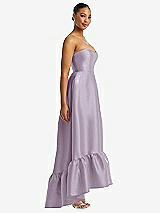 Side View Thumbnail - Lilac Haze Strapless Deep Ruffle Hem Satin High Low Dress with Pockets