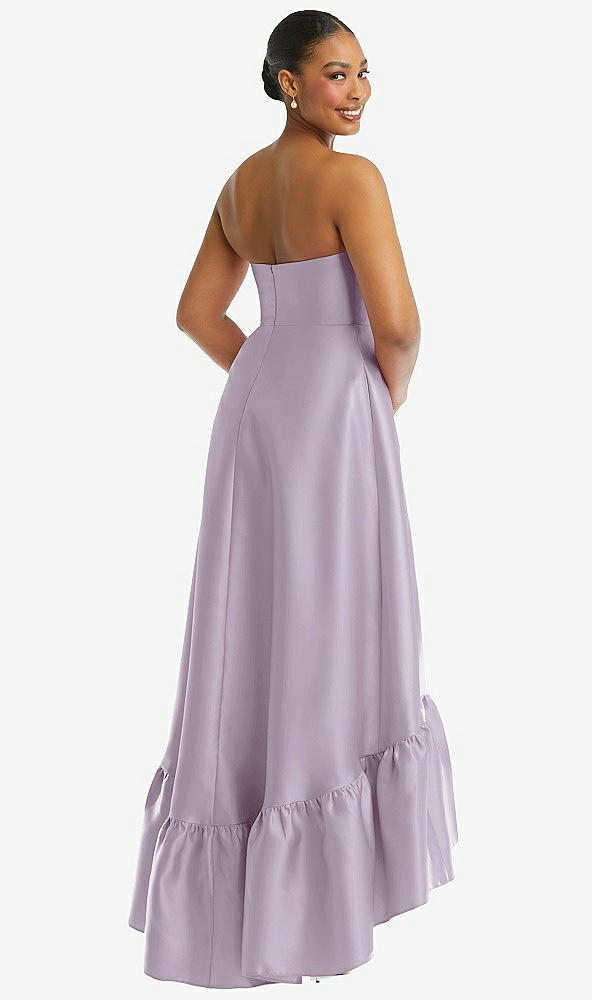 Back View - Lilac Haze Strapless Deep Ruffle Hem Satin High Low Dress with Pockets