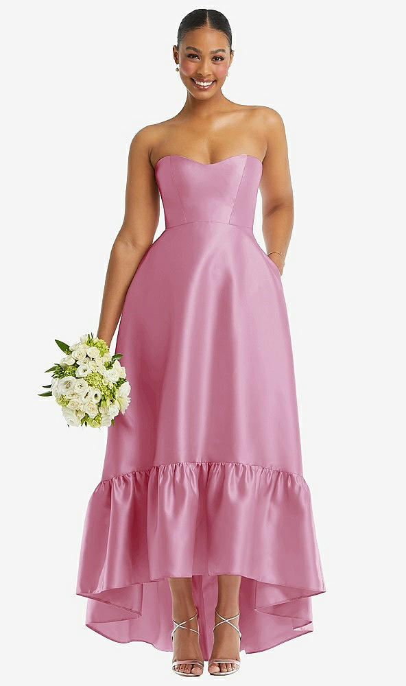 Front View - Powder Pink Strapless Deep Ruffle Hem Satin High Low Dress with Pockets