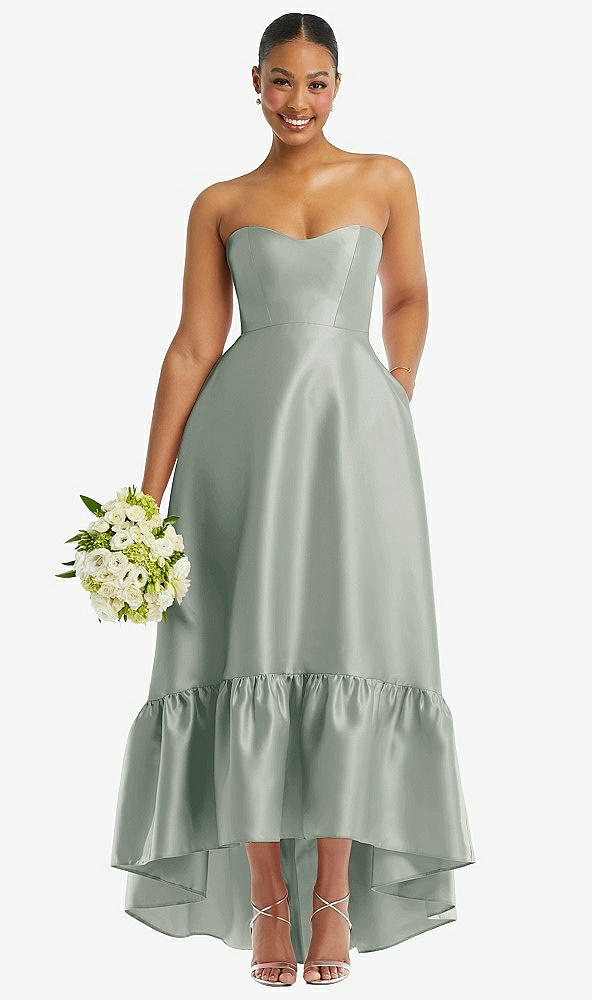 Front View - Willow Green Strapless Deep Ruffle Hem Satin High Low Dress with Pockets