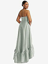 Rear View Thumbnail - Willow Green Strapless Deep Ruffle Hem Satin High Low Dress with Pockets