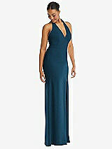 Alt View 1 Thumbnail - Atlantic Blue Plunge Neck Halter Backless Trumpet Gown with Front Slit