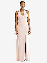 Front View Thumbnail - Blush Plunge Neck Halter Backless Trumpet Gown with Front Slit