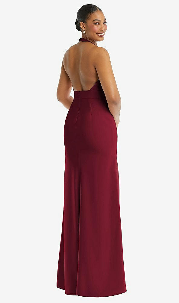 Back View - Burgundy Plunge Neck Halter Backless Trumpet Gown with Front Slit