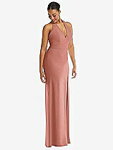 Alt View 1 Thumbnail - Desert Rose Plunge Neck Halter Backless Trumpet Gown with Front Slit