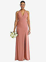 Alt View 2 Thumbnail - Desert Rose Plunge Neck Halter Backless Trumpet Gown with Front Slit