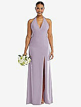 Alt View 2 Thumbnail - Lilac Haze Plunge Neck Halter Backless Trumpet Gown with Front Slit