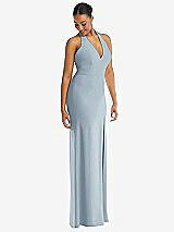 Alt View 1 Thumbnail - Mist Plunge Neck Halter Backless Trumpet Gown with Front Slit