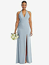 Alt View 2 Thumbnail - Mist Plunge Neck Halter Backless Trumpet Gown with Front Slit