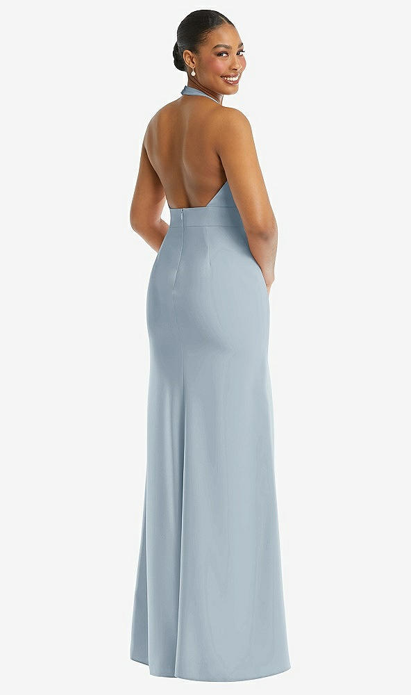 Back View - Mist Plunge Neck Halter Backless Trumpet Gown with Front Slit