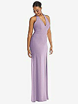 Alt View 1 Thumbnail - Pale Purple Plunge Neck Halter Backless Trumpet Gown with Front Slit