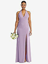 Alt View 2 Thumbnail - Pale Purple Plunge Neck Halter Backless Trumpet Gown with Front Slit