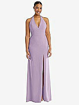 Front View Thumbnail - Pale Purple Plunge Neck Halter Backless Trumpet Gown with Front Slit