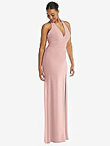 Alt View 1 Thumbnail - Rose - PANTONE Rose Quartz Plunge Neck Halter Backless Trumpet Gown with Front Slit