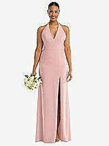 Alt View 2 Thumbnail - Rose - PANTONE Rose Quartz Plunge Neck Halter Backless Trumpet Gown with Front Slit