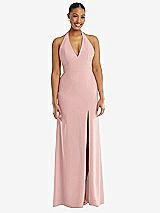 Front View Thumbnail - Rose - PANTONE Rose Quartz Plunge Neck Halter Backless Trumpet Gown with Front Slit