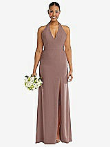 Alt View 2 Thumbnail - Sienna Plunge Neck Halter Backless Trumpet Gown with Front Slit