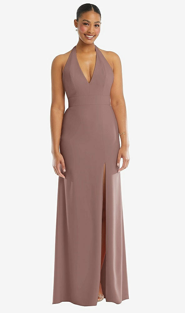 Front View - Sienna Plunge Neck Halter Backless Trumpet Gown with Front Slit