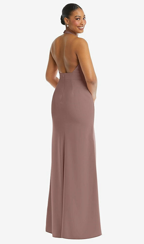 Back View - Sienna Plunge Neck Halter Backless Trumpet Gown with Front Slit